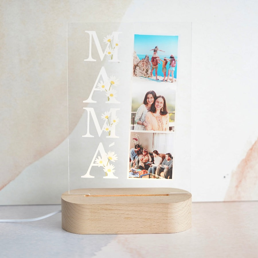 Lámpara para mamá con tres fotos familiares, margaritas y base de luz de madera