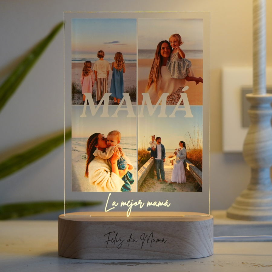 Lámpara de metacrilato para mamá con cuatro fotos familiares y base de luz de madera
