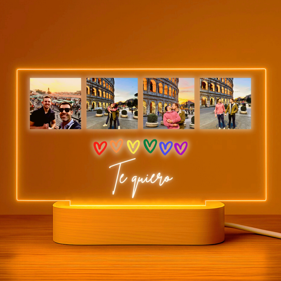 Lámpara personalizada con 4 fotos y texto sobre metacrilato premium