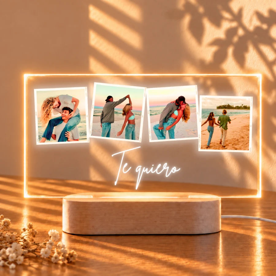 Lámpara personalizada con 4 fotos y texto Te quiero para parejas, en metacrilato con base de luz LED de madera