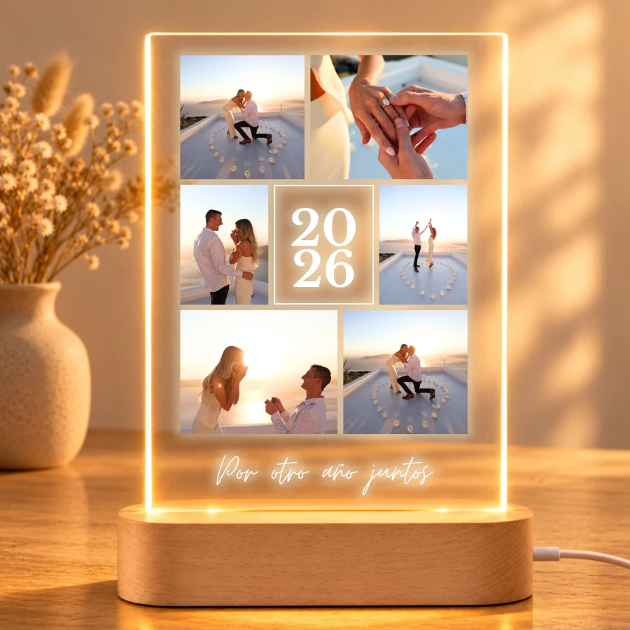 Lámpara personalizada con 6 fotos de pareja, año y dedicatoria, en metacrilato con base de luz LED de madera