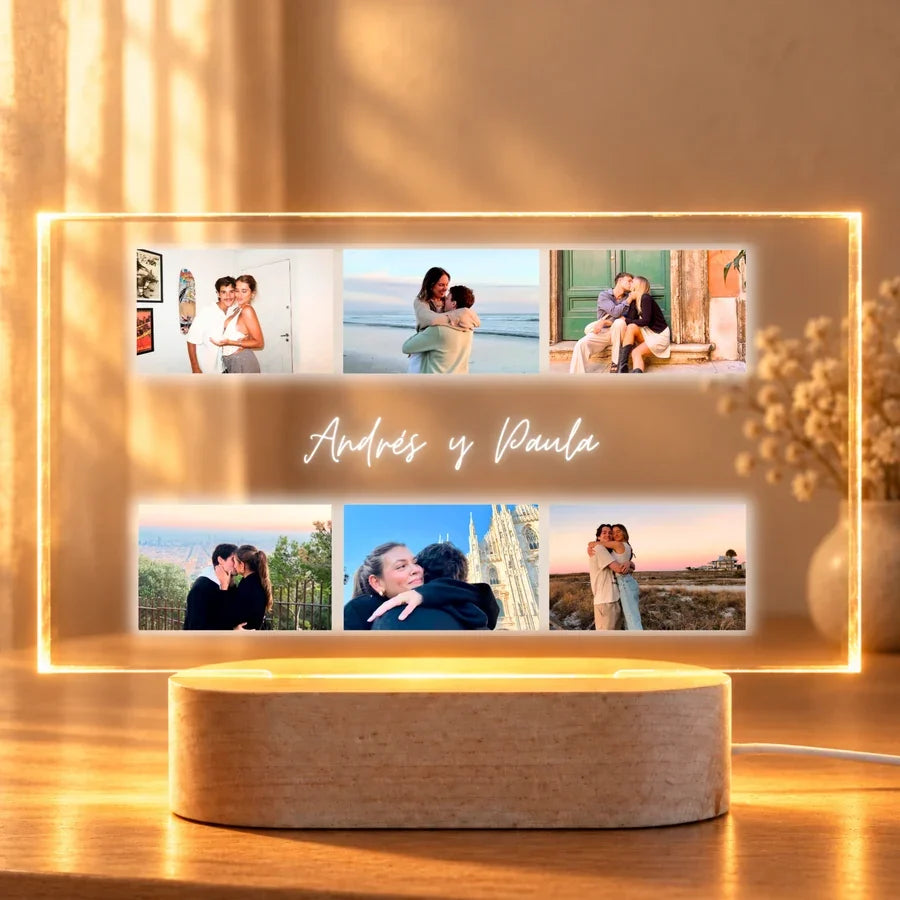 Lámpara personalizada con 6 fotos y dedicatoria central con nombres, en metacrilato con base de luz LED de madera