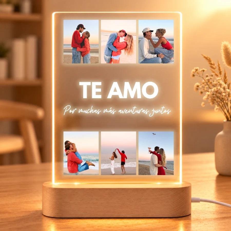 Lámpara personalizada con 6 fotos de pareja y texto Te amo con dedicatoria, en metacrilato con base de luz LED de madera