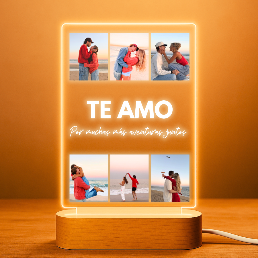 Lámpara personalizada con 6 fotos y texto sobre metacrilato premium