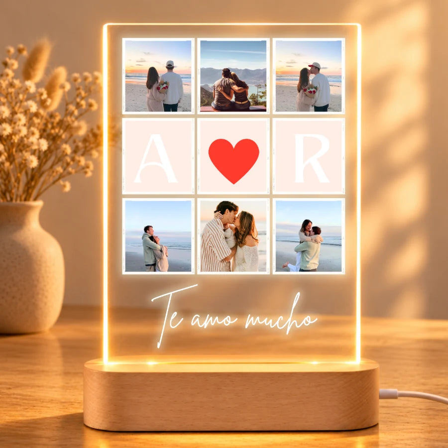 Lámpara personalizada con 6 fotos de pareja, iniciales con corazón y texto Te amo mucho, en metacrilato con base LED