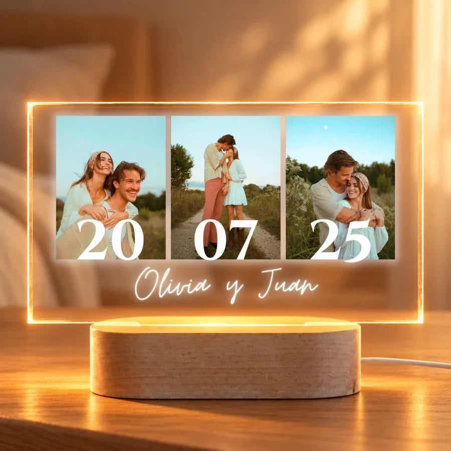 Lámpara de aniversario personalizada con 3 fotos, fecha y nombres de la pareja en metacrilato con base de luz LED de madera