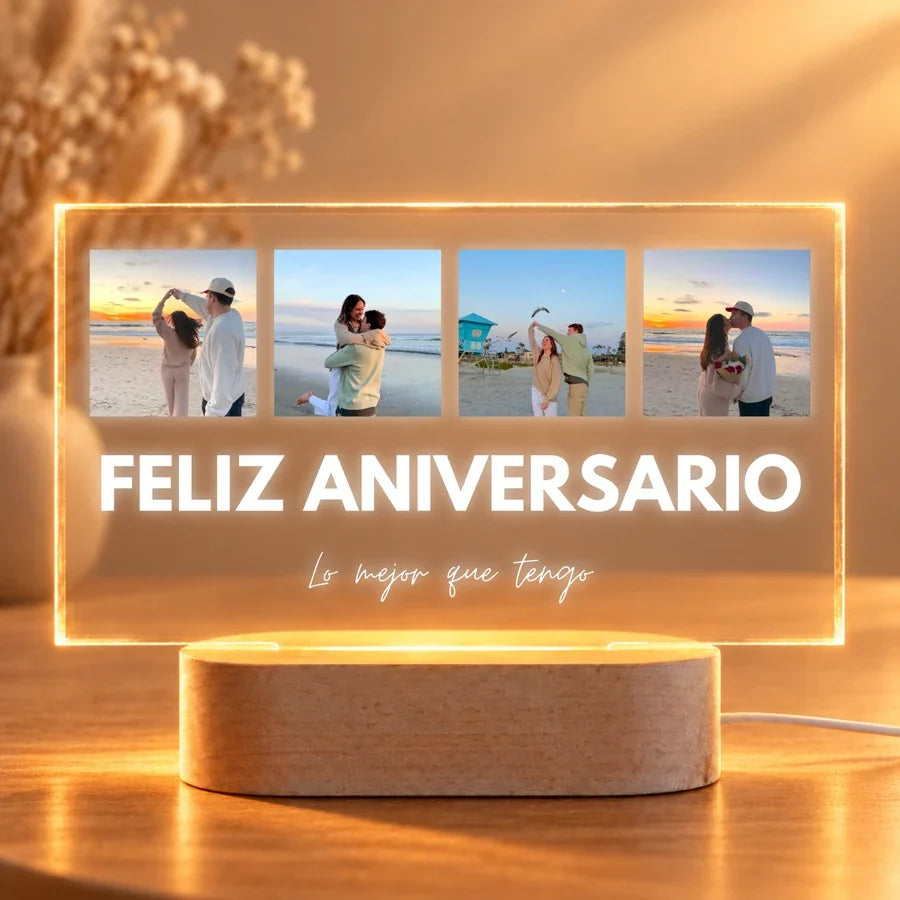 Lámpara de aniversario personalizada con 4 fotos y texto Feliz Aniversario en metacrilato con base de luz LED de madera