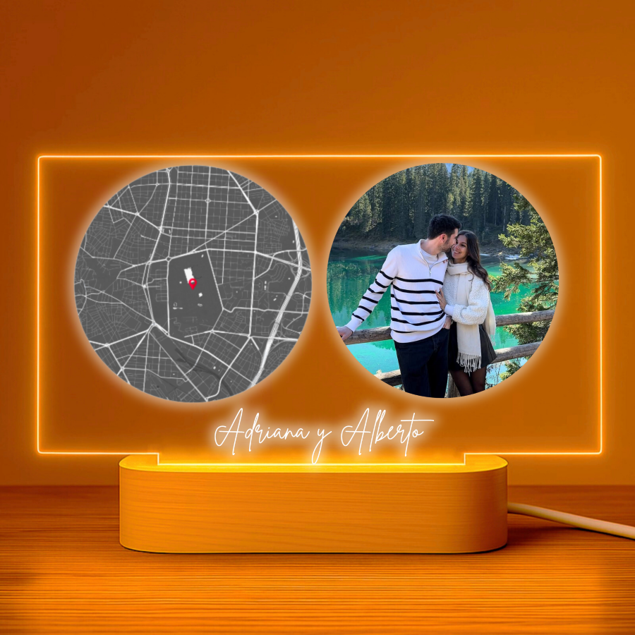 Lámpara personalizada con mapa circular y foto horizontal sobre metacrilato premium