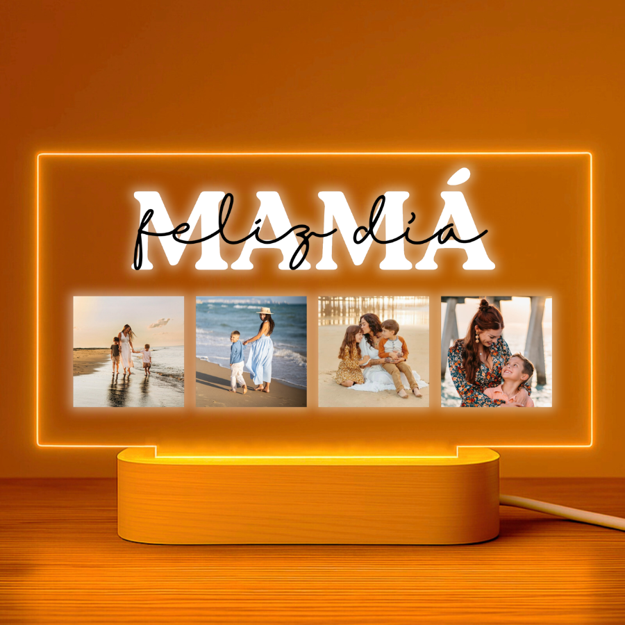 Lámpara personalizada para mamá con el mensaje Feliz Día y 4 fotos en la parte inferior