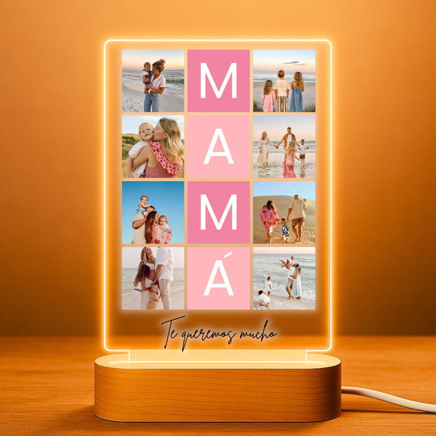 Lámpara personalizada para mamá con 8 fotos en cuadrícula y mensaje Te queremos mucho