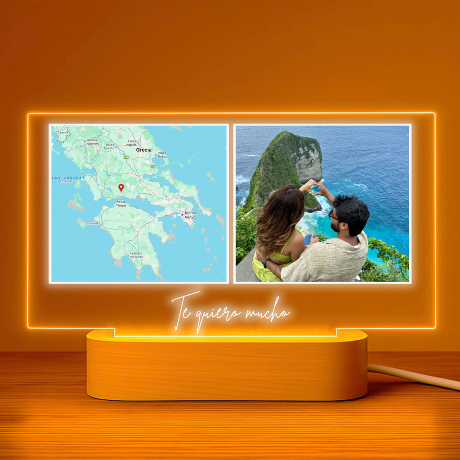 Lámpara horizontal personalizada con mapa y foto sobre metacrilato premium