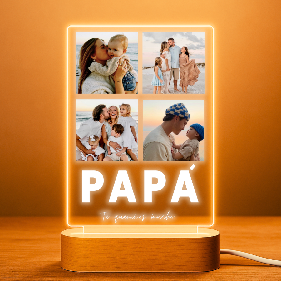 Lámpara personalizada PAPÁ con 4 fotos y mensaje sobre metacrilato premium
