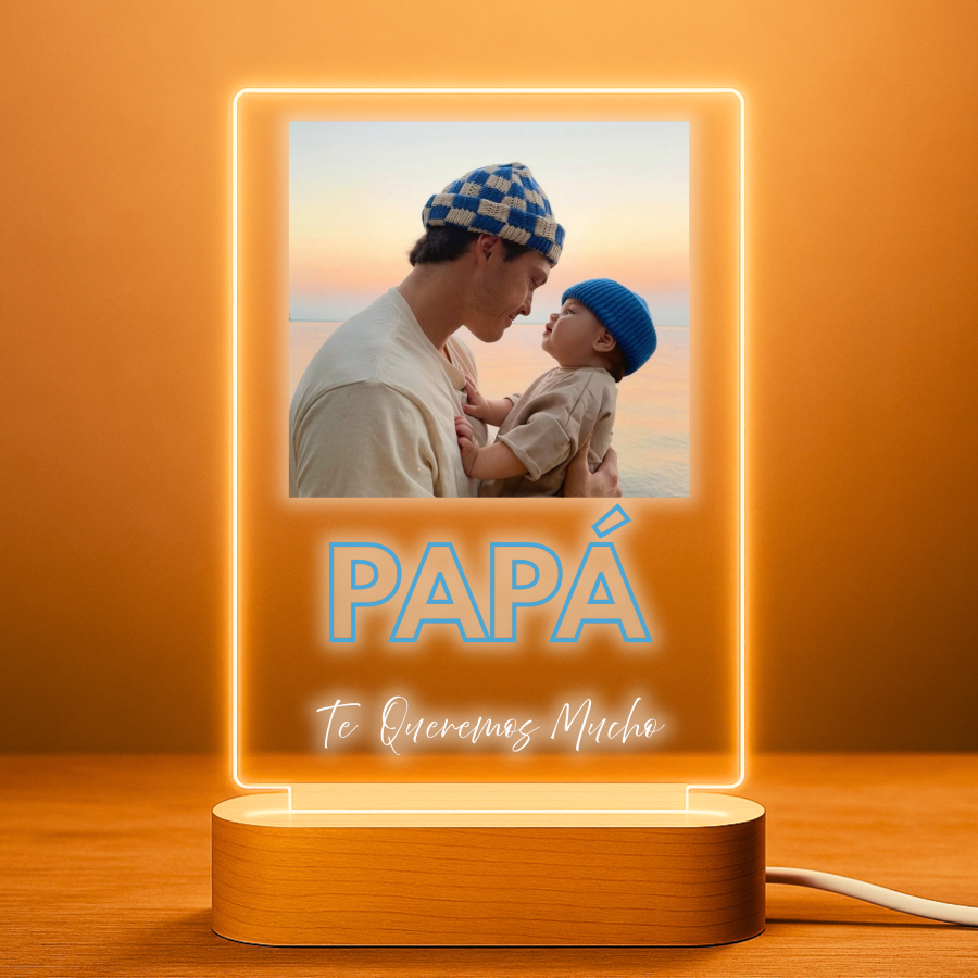 Lámpara personalizada Papá con foto y letras azules sobre metacrilato premium
