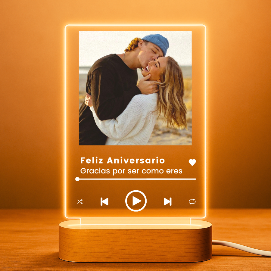 Lámpara Spotify personalizada con foto, canción y código estilo Spotify sobre metacrilato con base de madera LED