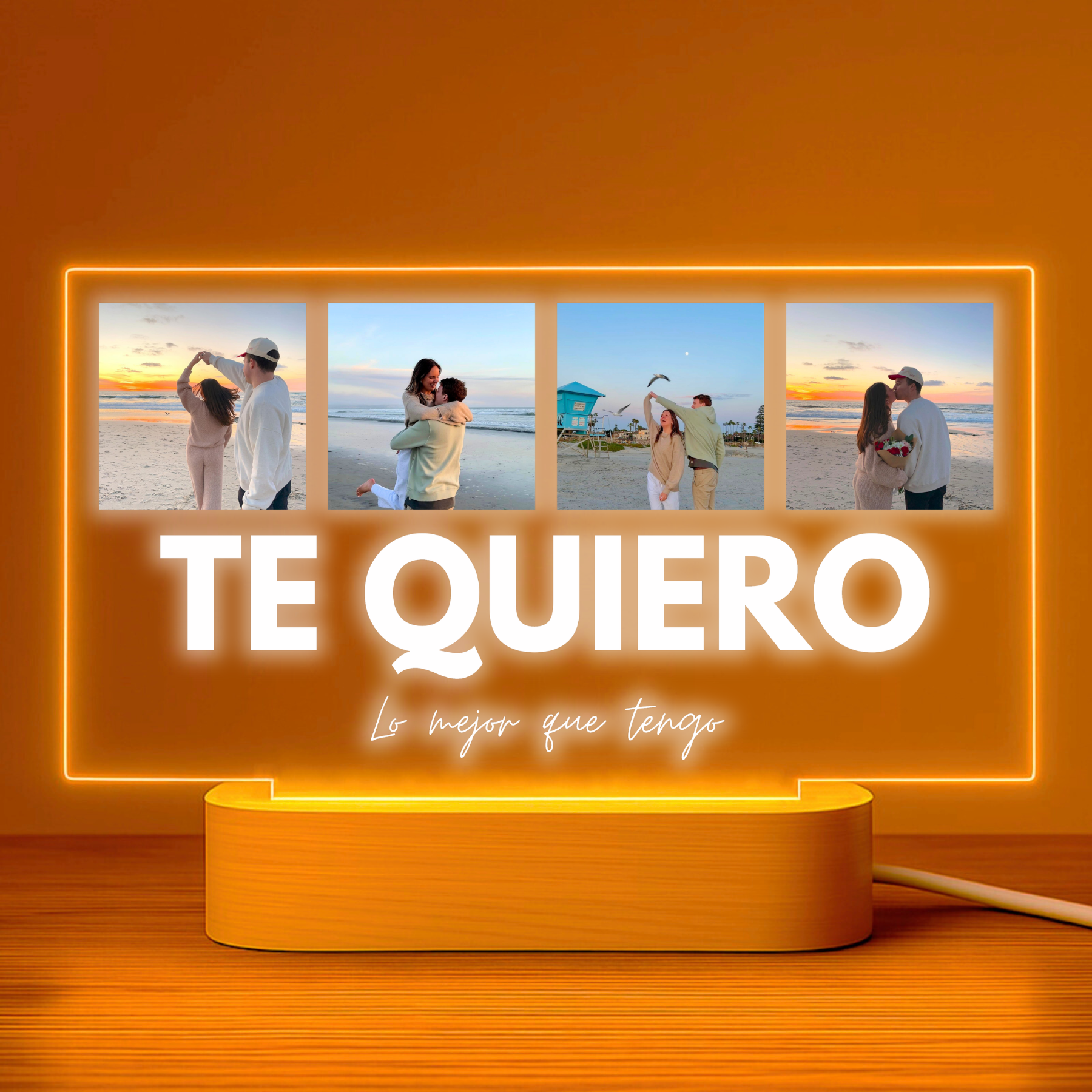 Lámpara te quiero personalizada con 4 fotos y texto sobre metacrilato premium