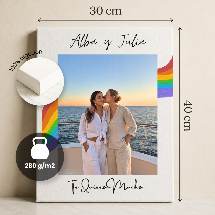Convierte tus recuerdos en un regalo único con este lienzo vertical personalizado LGTBI. Añade vuestra foto favorita y una dedicatoria especial para crear un detalle lleno de emoción, orgullo y significado. Perfecto para aniversarios, cumpleaños, San Valentín o cualquier ocasión importante.