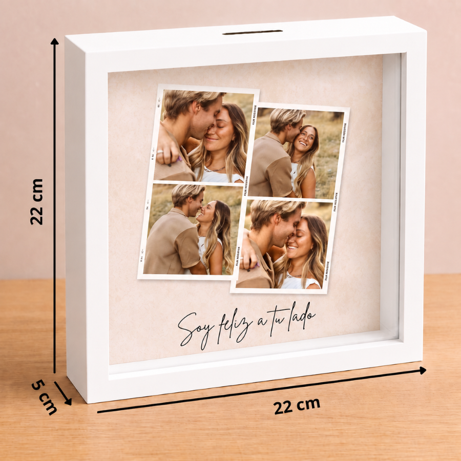 Medidas de hucha personalizada con 4 fotos collage y ranura superior para monedas