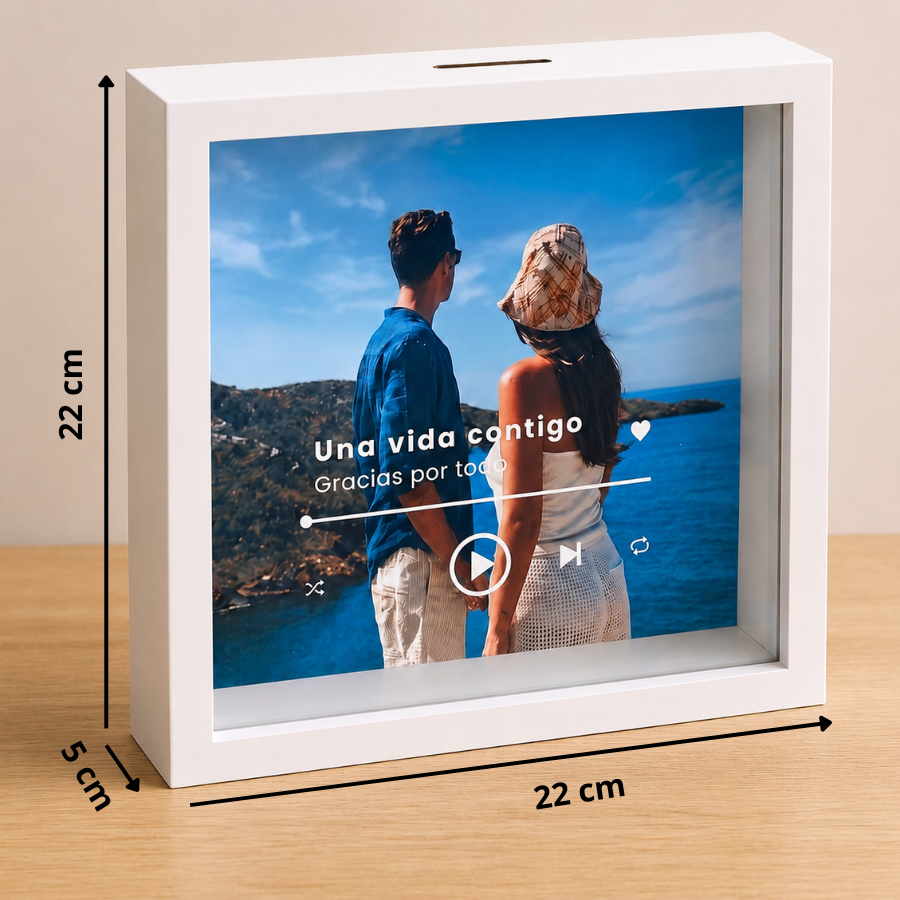 Medidas de hucha personalizada con foto completa y ranura superior para monedas