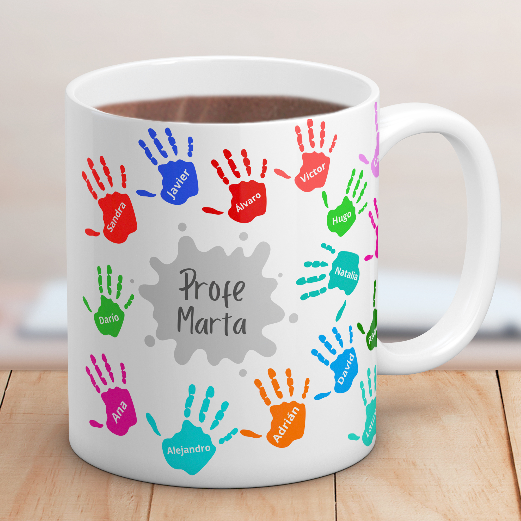 Taza Personalizada con Nombres y manos de colores