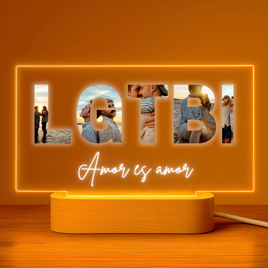 Lâmpada "LGTBI" com fotos e texto