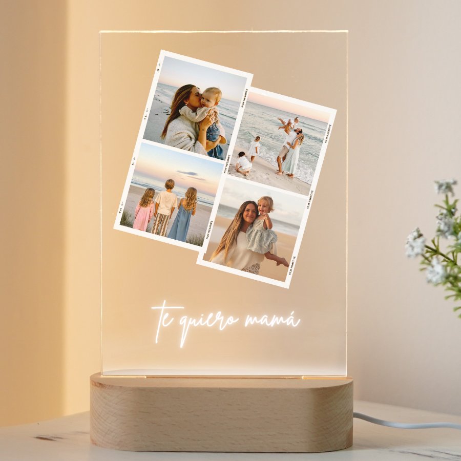 Lámpara de metacrilato para mamá con cuatro fotos familiares y mensaje Te quiero mamá sobre base de madera