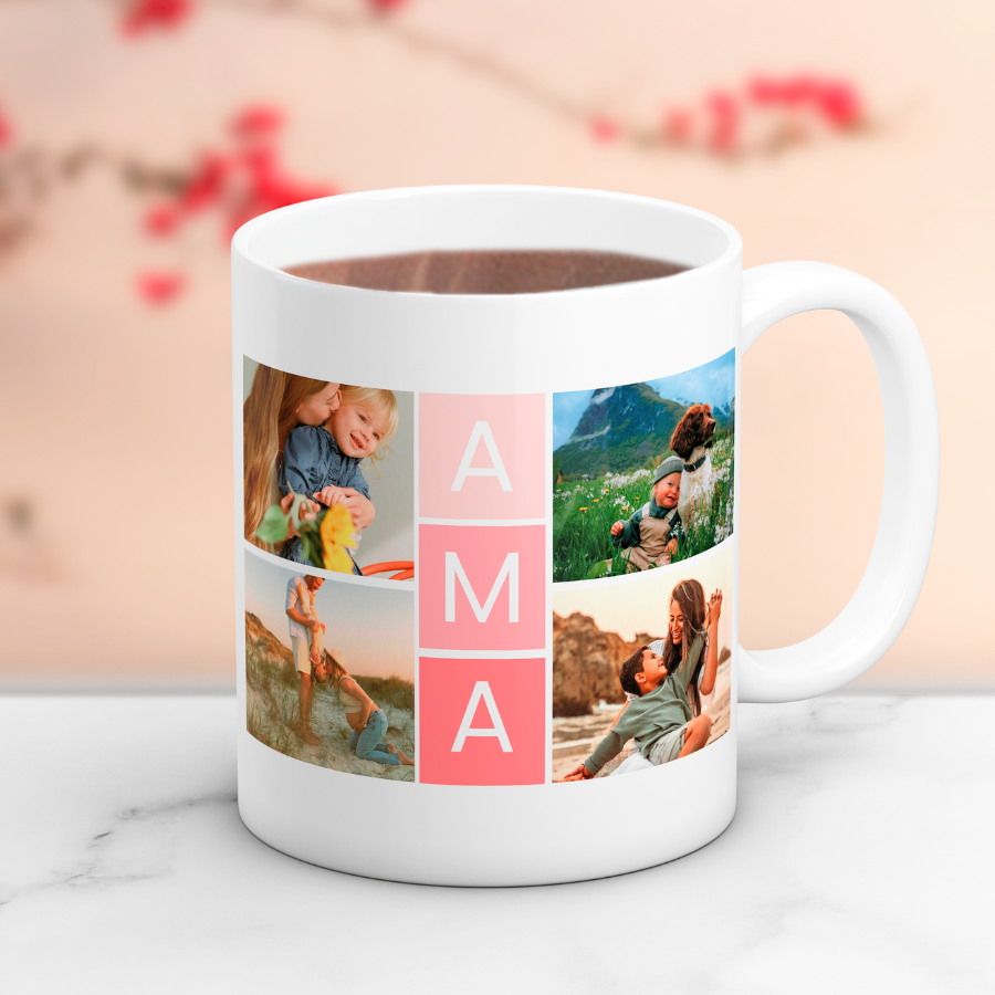 Taza 4 fotos AMA centro ❤️ con 4 fotos, ¿Buscas un regalo original para tu madre? 🎁 Descubre nuestras tazas personalizadas para tu persona favorita: especiales, emotivas y listas en 48h. ¡Le encantará!