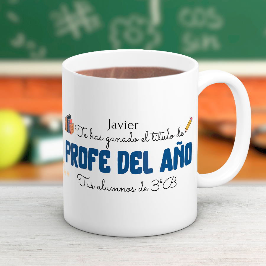 Taza al profe del año... , ¿Buscas un regalo original de fin de curso? 🎁 Descubre nuestras tazas personalizadas para profesores: especiales, emotivas y listas en 48h. ¡Sorprende a tu profe favorito!