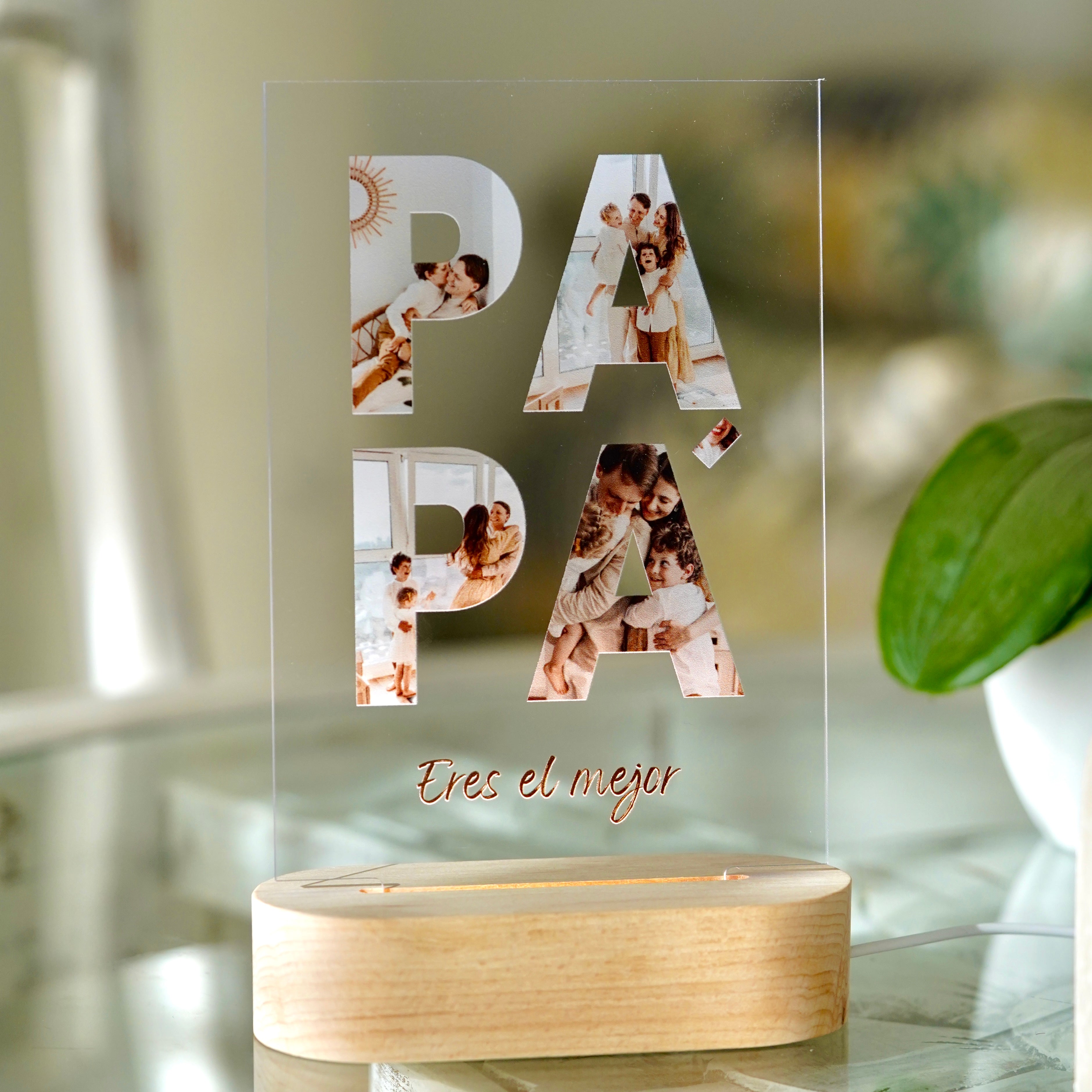 Lámpara con fotos y luz PAPÁ Y Fotos | Regalo creativo y original| Idea de regalo personalizado | Regalo día del padre | Regalo PAPÁ | Crear placa | Placa PERSONALIZADA | Placa de cristal | Regalo Original y Especial | Metacrilato | Placas con tu diseño | Regalo original | Cristal Plaque
