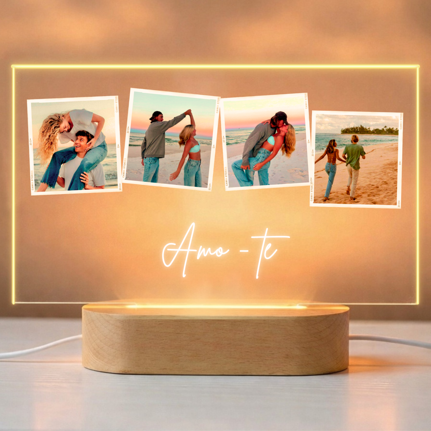 Candeeiro com 4 fotos e texto PT