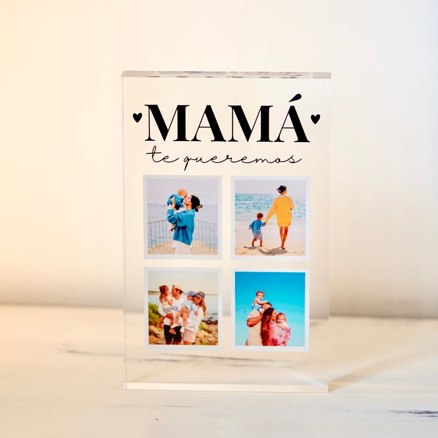 Bloque personalizado que consta de 4 fotos y arriba MAMÁ con su dedicatoria. Su diseño elegante la hace un regalo muy versátil, pudiendo ser para cumple, navidad o el día de la madre. Totalmente personalizable.

Un detalle que encantara seguro!