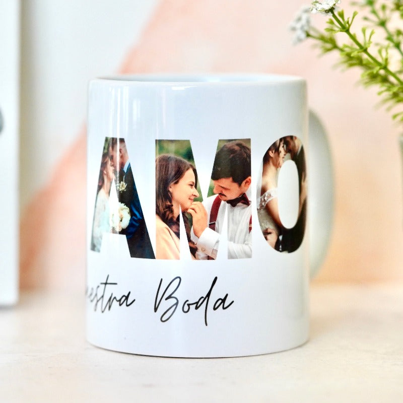 Taza personalizada "Te Amo" con imágenes de momentos románticos compartidos