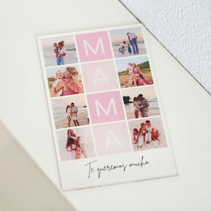 Placa regalo MAMÁ con decoración rosa y 8 fotos 