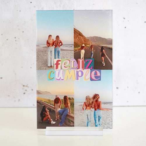Placa vertical de cumpleaños con collage de 4 fotos y la frase 'FELIZ CUMPLE' en el centro. Personalizada y colorida, ideal como regalo para celebrar un cumpleaños especial.