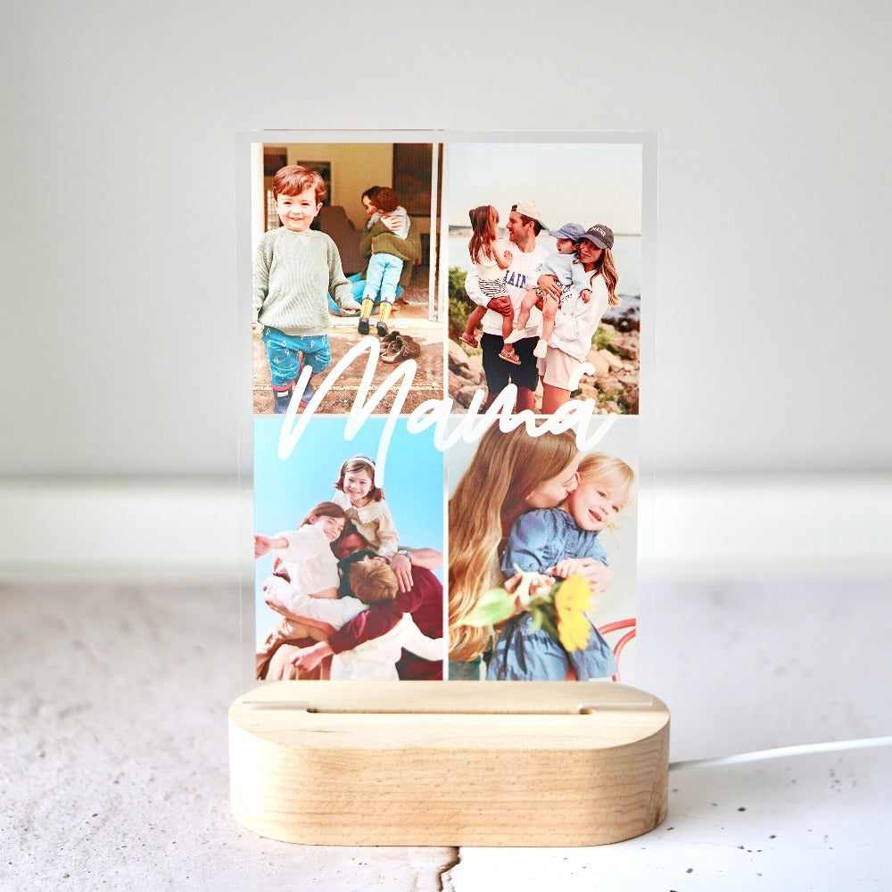 Placa de metacrilato iluminada personalizada para el Día de la Madre, con collage de fotos y diseño único.