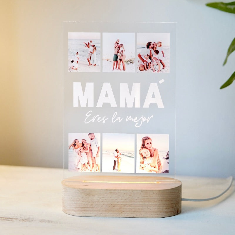 Placa iluminada de madera personalizada con seis fotos, palabra 'MAMA' en el centro.