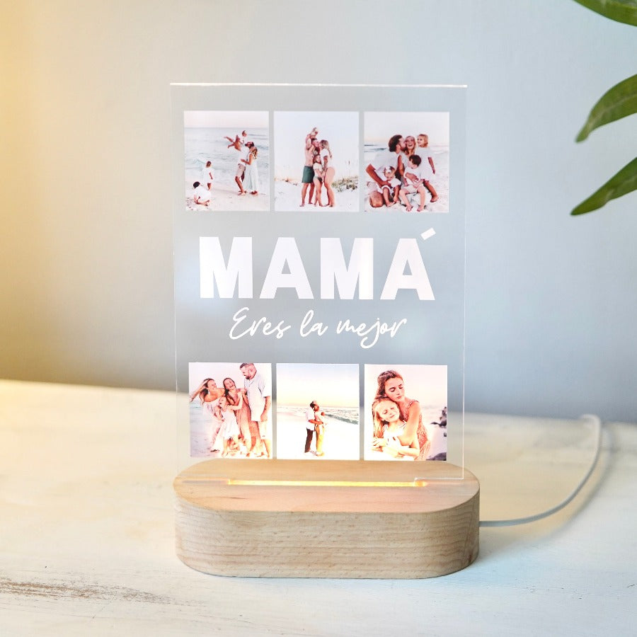 Placa iluminada de madera personalizada con seis fotos, palabra 'MAMA' en el centro. 