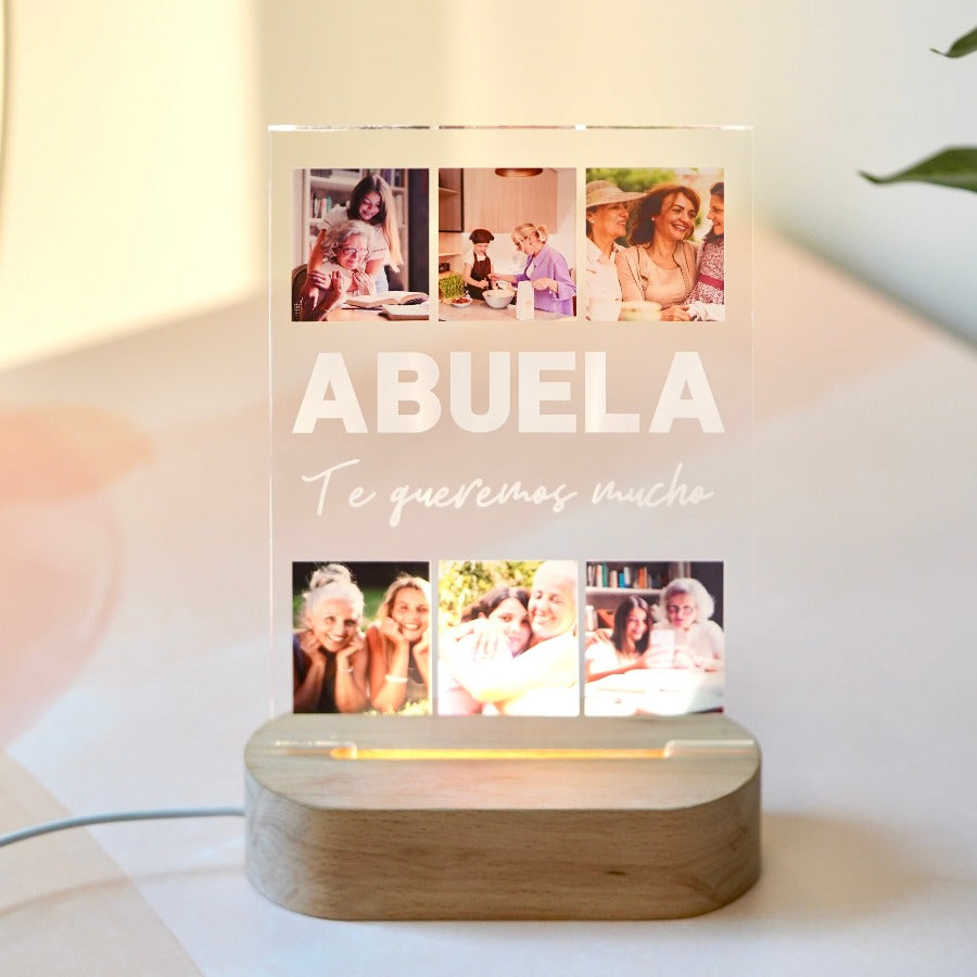 Placa iluminada de madera personalizada con seis fotos, ideal para regalar en el Día de la Madre o cumpleaños de la abuela. Dimensiones: 135x210x3 mm