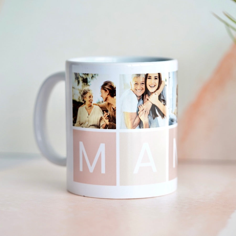 Imagen de una taza personalizada con cuatro fotos  y la palabra 'MAMA' .