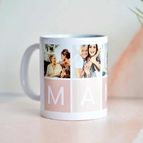 Imagen de una taza personalizada con cuatro fotos  y la palabra 'MAMA' .