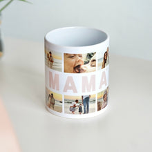 Cargar imagen en el visor de la galería, Imagen de una taza blanca personalizada con un collage de seis fotos en un diseño único.
