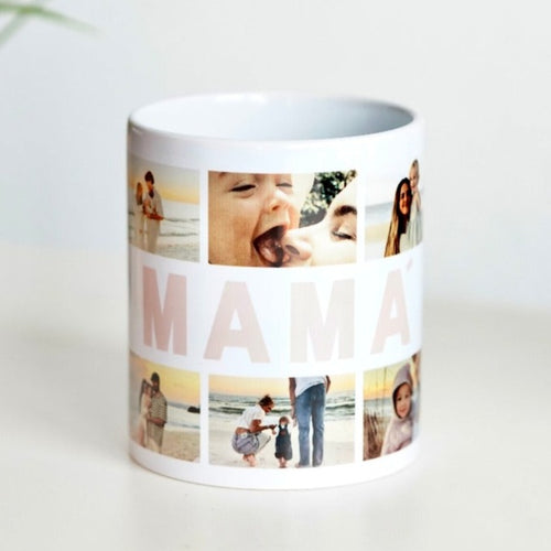 Imagen de una taza blanca personalizada con un collage de seis fotos en un diseño único.