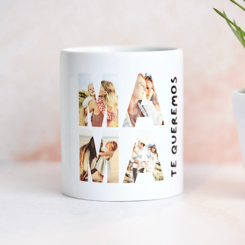 Imagen de una taza personalizada con el nombre 'MAMA' escrito en letras grandes, con las letras rellenas de fotos seleccionadas por el cliente.