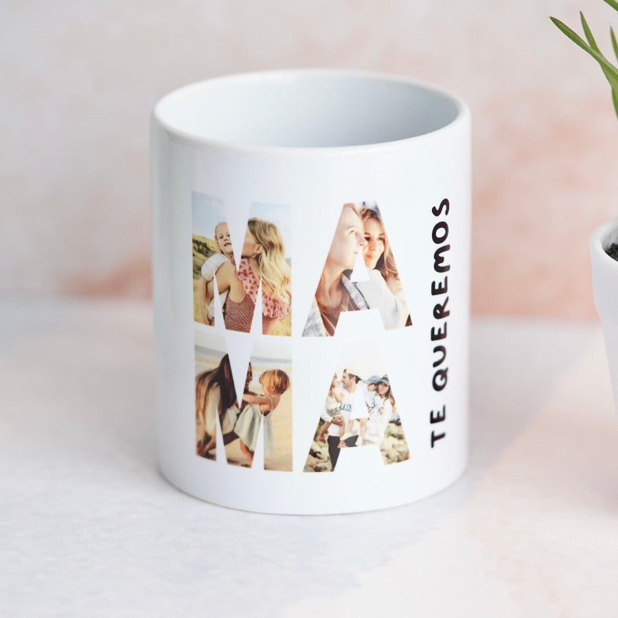 Imagen de una taza personalizada con el nombre 'MAMA' escrito en letras grandes, con las letras rellenas de fotos.