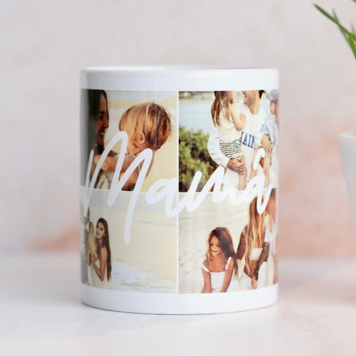 Imagen de una taza blanca personalizada con cuatro fotos seleccionadas por el cliente formando un collage, con la palabra 'MAMA' atravesando las imágenes.