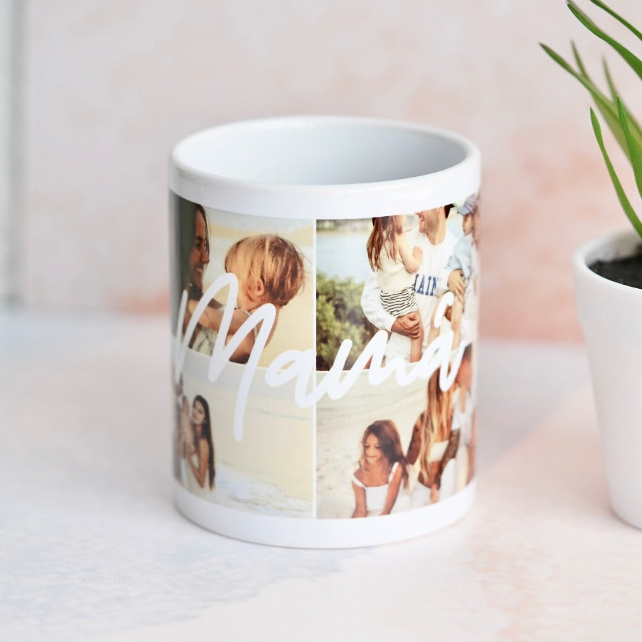 Imagen de una taza blanca personalizada con cuatro fotos seleccionadas por el cliente formando un collage, con la palabra 'MAMA' atravesando las imágenes.