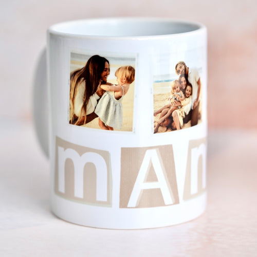 Imagen de una taza blanca personalizada con tres fotos arriba y la palabra 'MAMA' en negrita debajo.