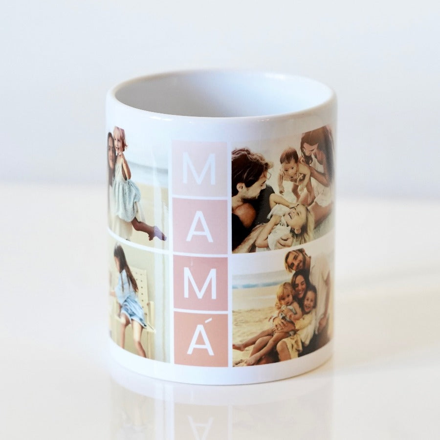 Imagen de una taza blanca personalizada con cuatro fotos  formando un collage, con la palabra 'MAMA' 