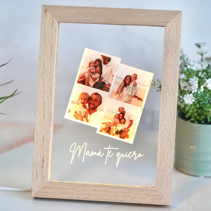 Candeeiro com quatro fotos e moldura de mensagem