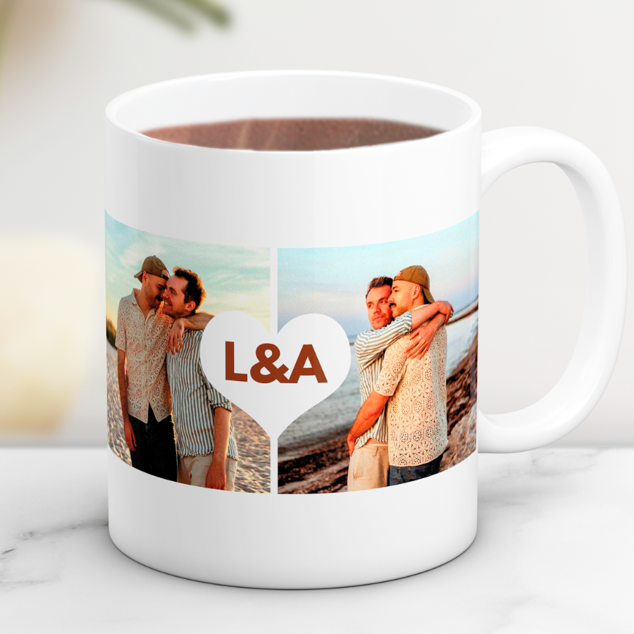 Caneca de coração e duas fotos do Orgulho 