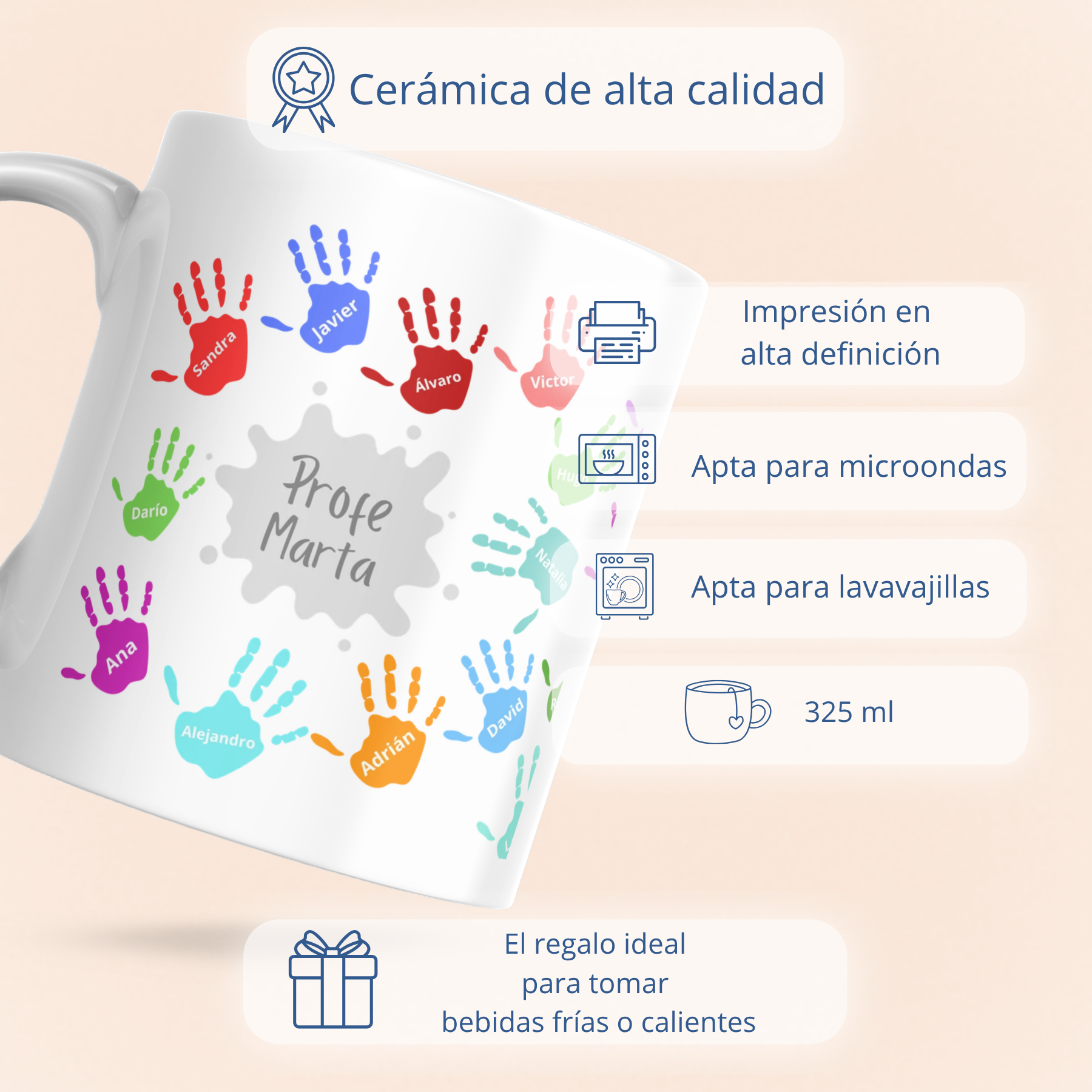 Taza Personalizada con Nombres y manos de colores